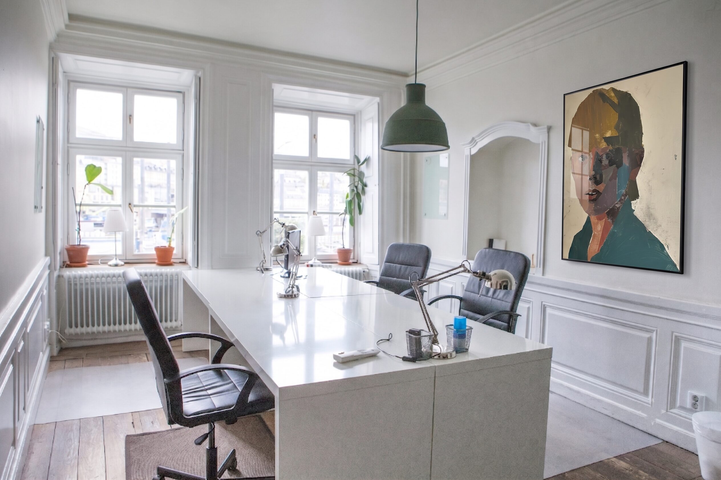 Bureau individuel blanc lumineux et grand portrait