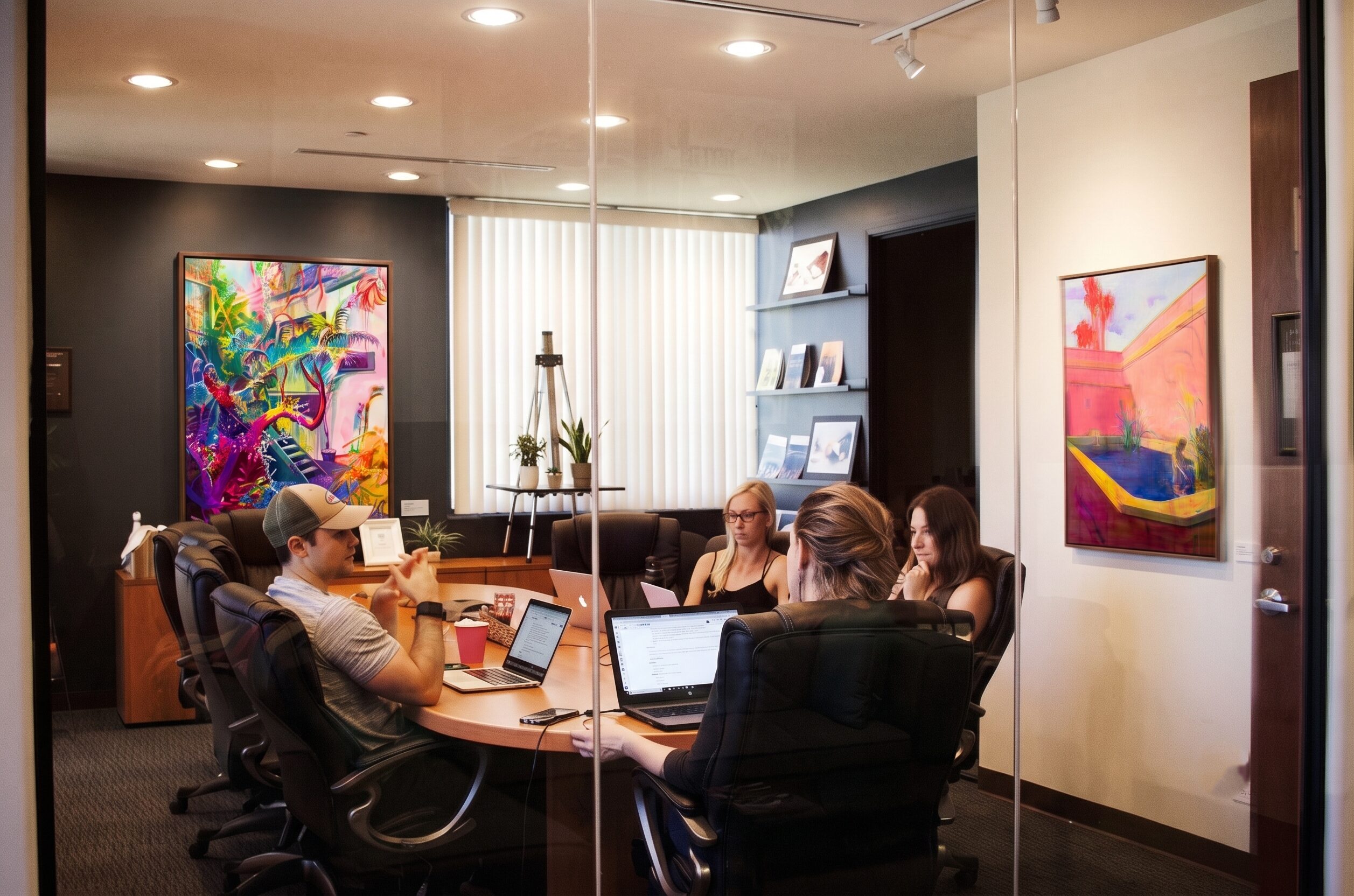 Espace collaboratif vitré avec œuvres saturées